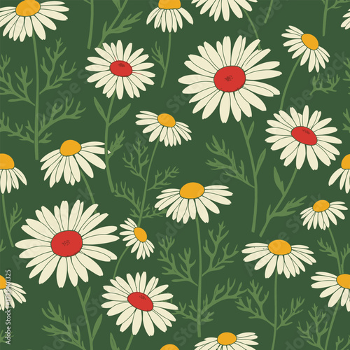 Seamless Pattern of Cute Kawaii Daisies on a Green Background