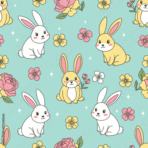 Seamless Pattern Cute Kawaii Bunnies and Flowers on Turquoise