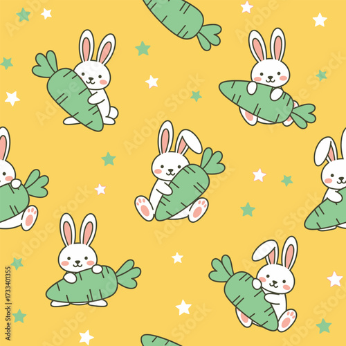 Cute Kawaii Bunnies with Carrots Seamless Pattern on Yellow Backdrop