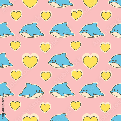 Seamless Pattern Cute Kawaii Dolphins & Hearts on Pink Background