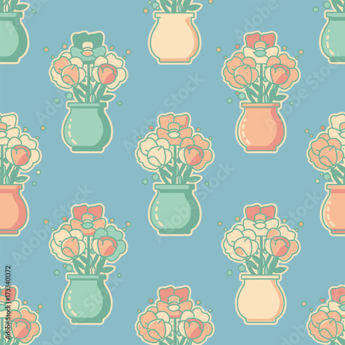 Seamless Pattern with Cute Kawaii Flowers in Vases on Blue Background