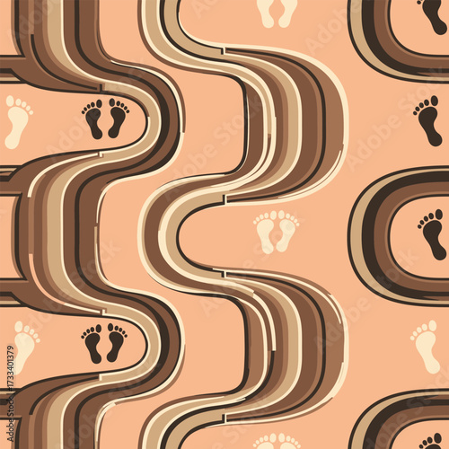 Abstract Seamless Pattern Cute Kawaii Footprints on Wavy Bands