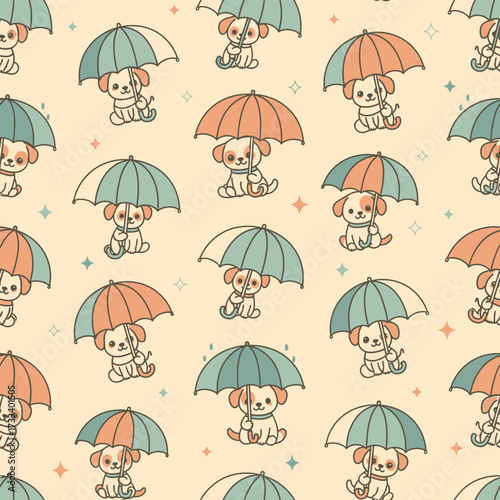 Cute Kawaii Dogs with Umbrellas Seamless Pattern for Playful Design