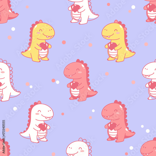 Seamless Pattern with Cute Kawaii Dinosaurs Holding Hearts, Vector Design