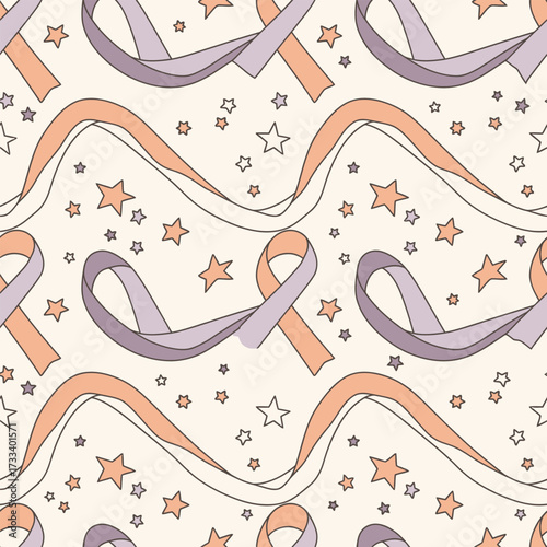 Cute Seamless Pattern Kawaii Ribbons and Stars Design