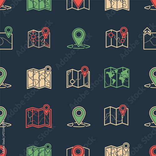 Cute Map Seamless Pattern Kawaii Style for Navigation Adventures