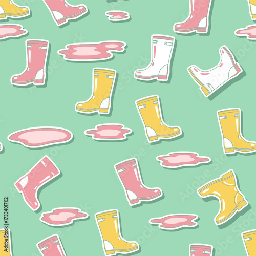 Seamless Pattern with Cute Kawaii Rain Boots and Puddles on Green