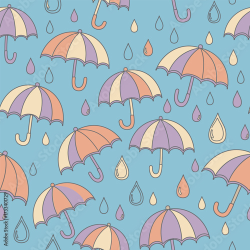 Cute Kawaii Umbrellas Seamless Pattern with Pastel Colors and Rain