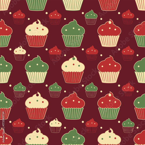 Seamless Pattern Cute Kawaii Cupcakes on Dark Red Background