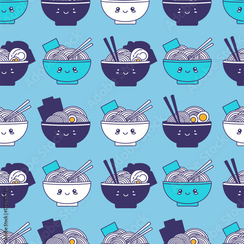 Cute Kawaii Ramen Bowls Seamless Pattern for Delicious Food Background