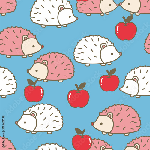 Seamless Pattern Cute Kawaii Hedgehogs and Apples in Playful Design