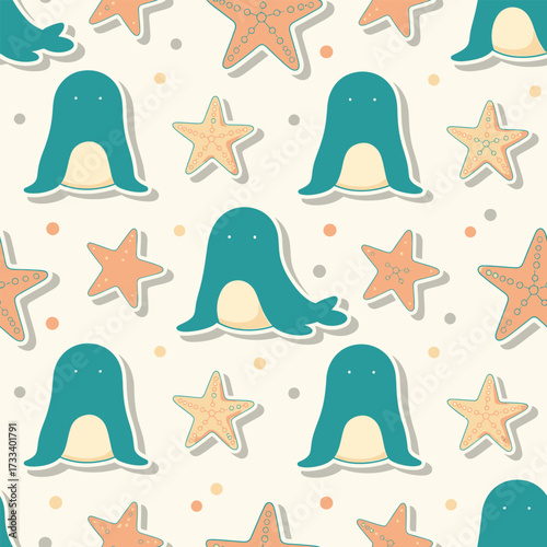 Seamless Pattern of Cute Kawaii Seal and Starfish on Beige Background