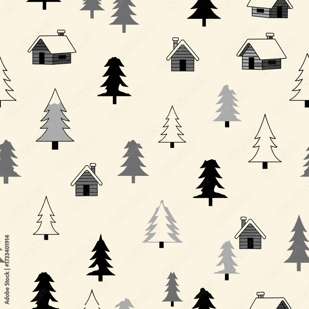 Obraz premium Charming Winter Forest Seamless Pattern with Cute Kawaii Cabins and Evergreen Trees, Ideal for Festive Decor or Textile Designs