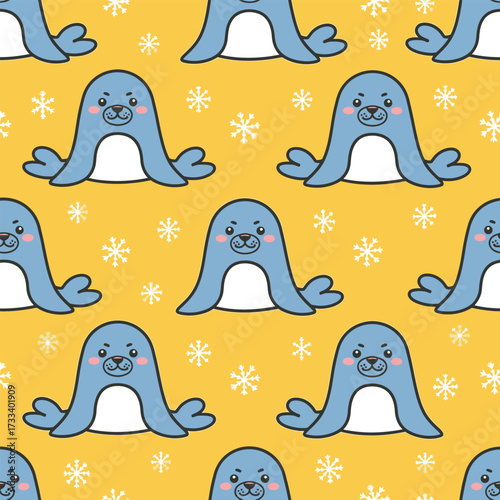Cute Kawaii Arctic Seal Seamless Pattern with Falling Snow for Winter Theme Designs