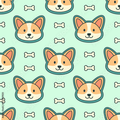 Seamless Pattern Cute Kawaii Corgi Dog Faces and Bones on Mint Background