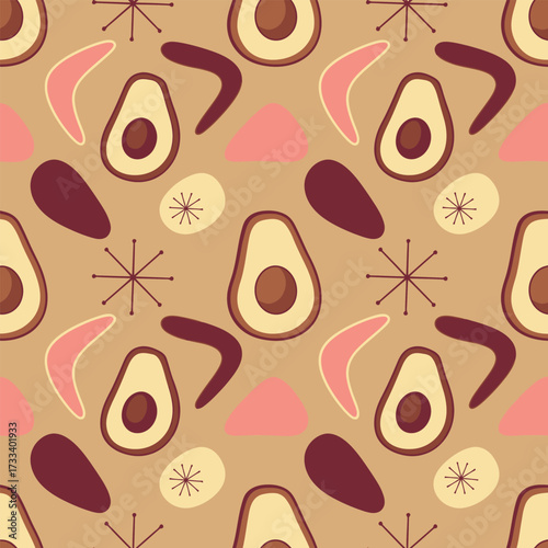 Delightful Seamless Pattern featuring Cute Kawaii Avocados and Retro Mid-Century Modern Shapes, an Adorable Design for Various Applications
