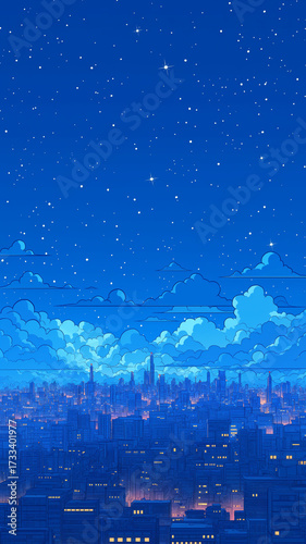 ネオンが灯るレトロな夜の街と星空｜80年代アニメを彷彿とさせる2Dレトロポップ風のファンタジー都市風景背景素材