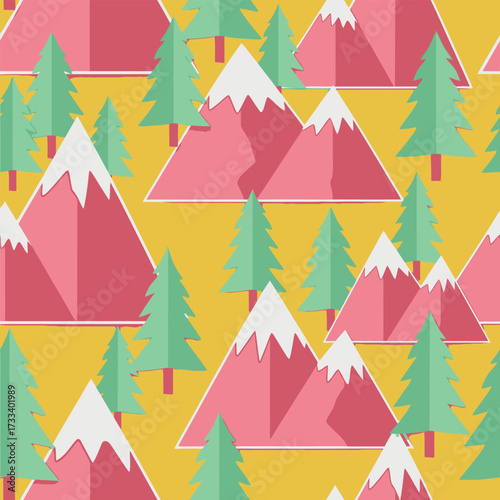 Seamless Pattern featuring Cute Kawaii Pink Mountains and Green Trees on a Bright Yellow Background, perfect for charming designs