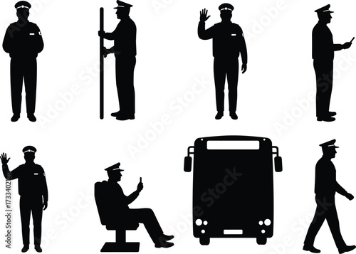 Bus driver silhouette, public transport worker, urban transit figure, transportation staff, bus front view, occupational pose, handheld device, waving gesture
