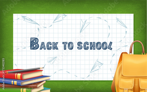 3d realistic vector illustration. Back to school background with chalkboard and handwriting on it. Backpack and stack of books. Educational banner with copyspace.