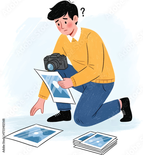 Confused photographer looking at prints with camera on knee, unsure of which photos to choose.