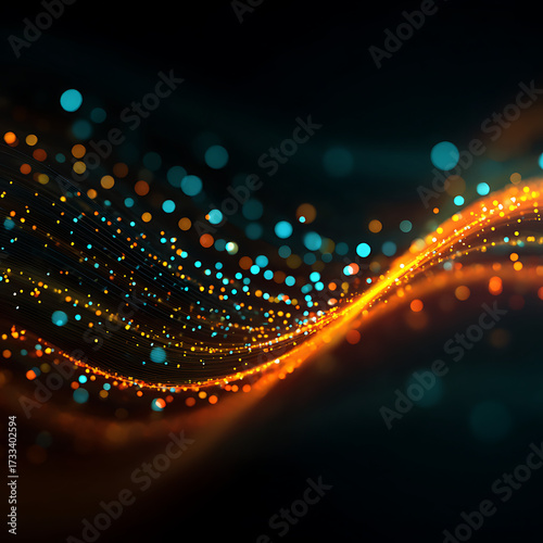 Dynamic abstract flow of data, vibrant orange and teal particles, representing digital innovation and modern technology in motion