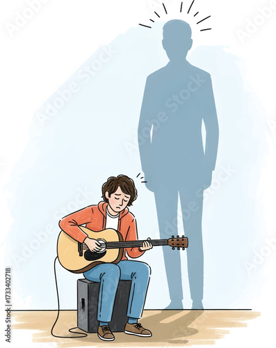 A young man playing guitar with a shadow of a taller person behind him.