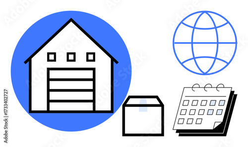 Warehouse, shipping box, globe, calendar representing global supply chain, logistics, e-commerce, delivery, inventory planning and organization. Ideal for business commerce shipping scheduling