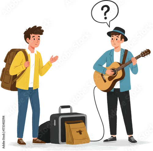 Illustration of a traveler asking a street musician a question, with luggage and a guitar present.
