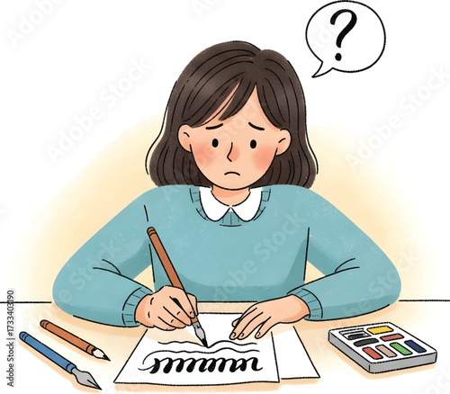 A cartoon girl with a question mark above her head is sitting at a desk, looking confused while drawing with a brush on paper.
