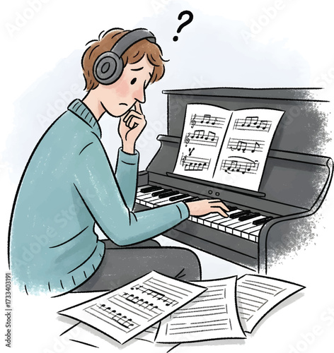 Cartoon of a man with headphones playing piano and looking confused with sheet music.
