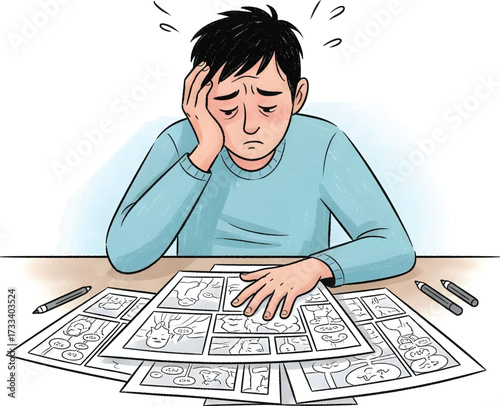 A man sits at a table covered with comic book pages, looking stressed and overwhelmed with his head in his hand.