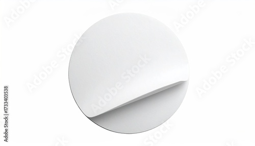 A white circular sticker with a curled edge, isolated against a clean white backdrop