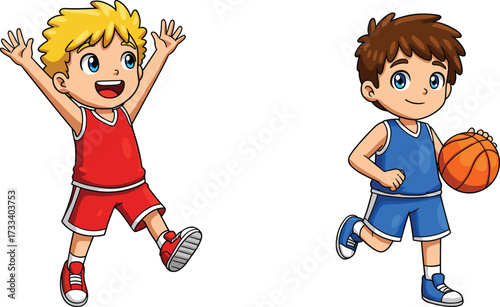 Cartoon boys playing basketball, happy children in red and blue uniform, dribbling ball, jumping action, teamwork, fun sport activity, competition