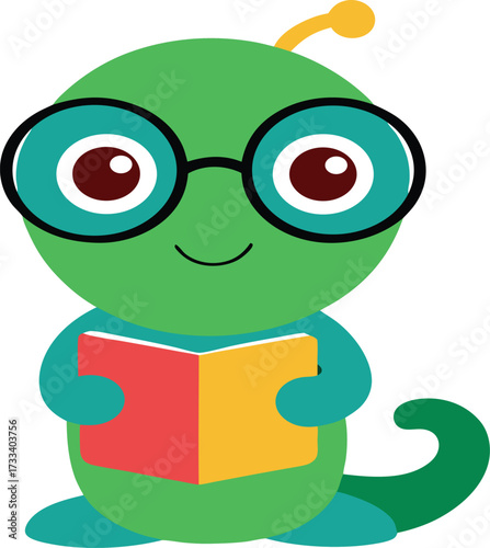 Friendly Green Alien Reading a Book with Delight Cute Cartoon Illustration for Children's Designs and Educational Materials
