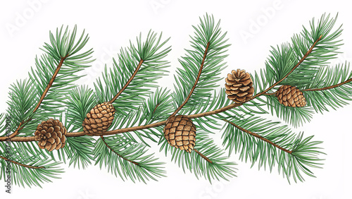 Pine tree branch with multiple brown pinecones and green needles, white background, natural evergreen botanical illustration, detailed realistic drawing style, horizontal composition.