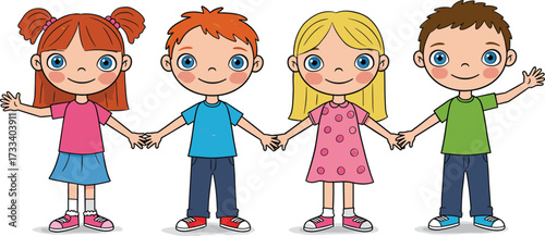 Cartoon children holding hands together, happy boys and girls smiling, diverse kids standing side by side, friendship, unity, teamwork illustration