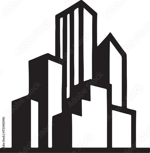 Cityscape Buildings Black and White Icon with Long Shadow