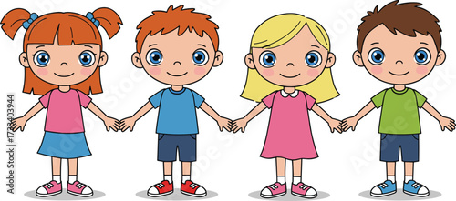Cartoon children holding hands together, happy boys and girls standing side by side, friendship, teamwork, unity, smiling kids illustration