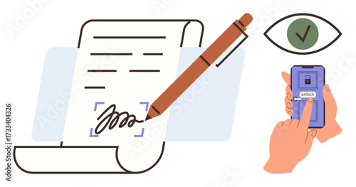 Electronic signature on paper, pen in motion, hand unlocking phone via biometric scan, green approval eye. Ideal for authentication, technology, security, privacy, identity contracts innovation