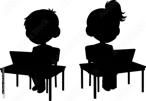Cartoon children sitting at desk using laptop computer with headphones, online learning, digital classroom, remote education, technology study, school kids illustration