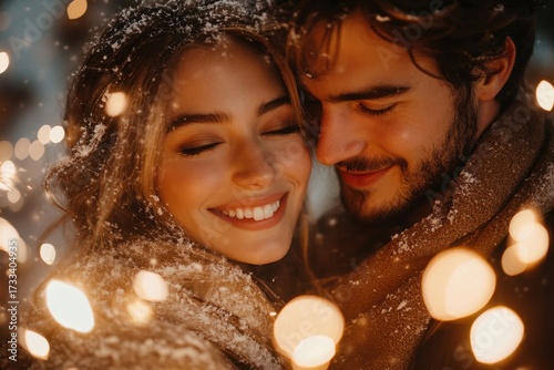 Couple embracing in the snow.