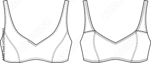 Bra technical sketch, front view designs, structured cups, wide straps, seam detailing, fashion illustration, garment construction, lingerie template, apparel design