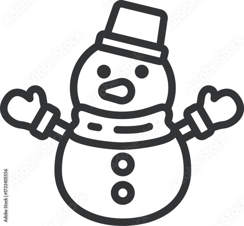 バケツの帽子をかぶった、雪だるまのアイコン（線画）のイラスト