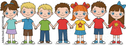 Cute cartoon children holding hands, happy kids standing together in colorful clothes, group of boys and girls smiling illustration
