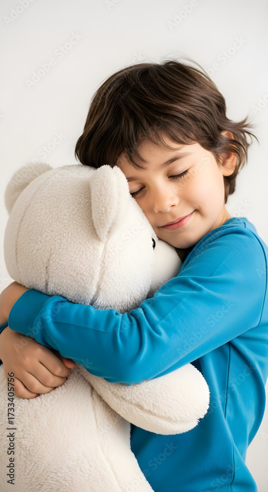 Fototapeta premium Peaceful child embracing a soft teddy bear with eyes closed.