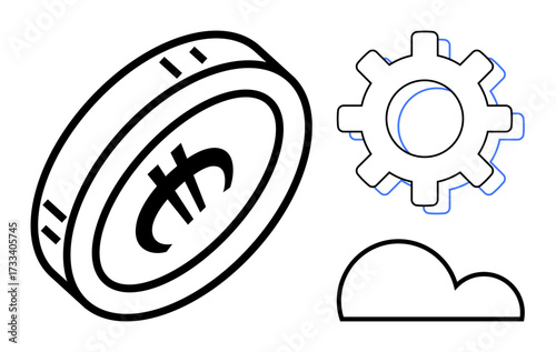 Coin with currency design, gear, and cloud emphasizing fintech, innovation, digital economy, blockchain, automation. Ideal for technology, economy digital services finance business cloud