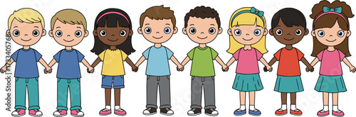 Diverse children holding hands, happy kids group illustration, friendship, unity, teamwork, equality, togetherness, smiling boys and girls cartoon
