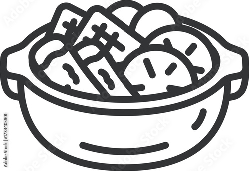 土鍋に入った、おでんのアイコン（線画）のイラスト