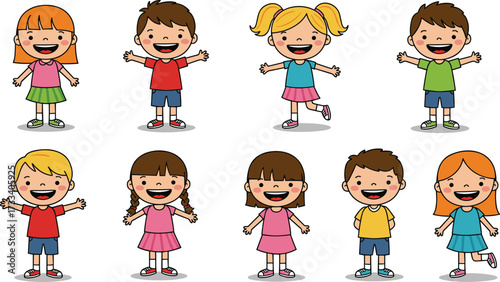 Group of happy cartoon children standing and smiling, boys and girls in colorful clothes, joyful kids illustration, friendship, childhood, fun activity